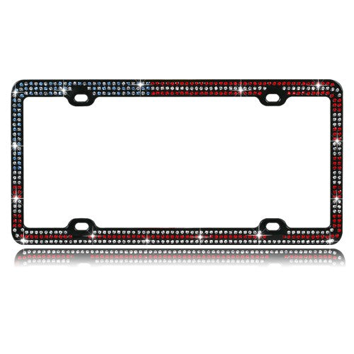 Red, White and Blue Crystals Black Metal License Plate Frame
