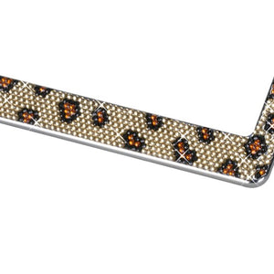 Leopard Pattern with Shining Brown and Black Crystals Chrome Metal Frame
