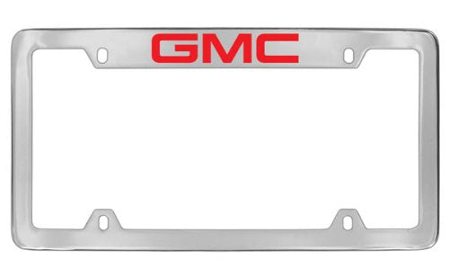 GMC Red Logo Chrome Plated Metal Top Engraved License Plate Frame Holder