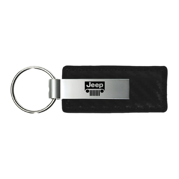 Jeep Grill Logo Keychain & Keyring - Carbon Fiber Texture Leather