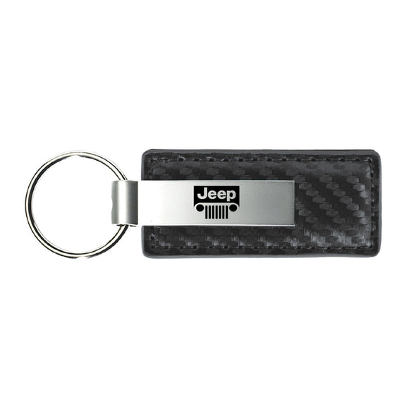 Jeep Grill Keychain & Keyring - Gun Metal Carbon Fiber Texture Leather